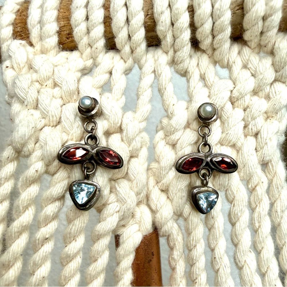 Sterling Silver Earrings Garnet Aquamarine PEARL gemstone dangle artisan 925